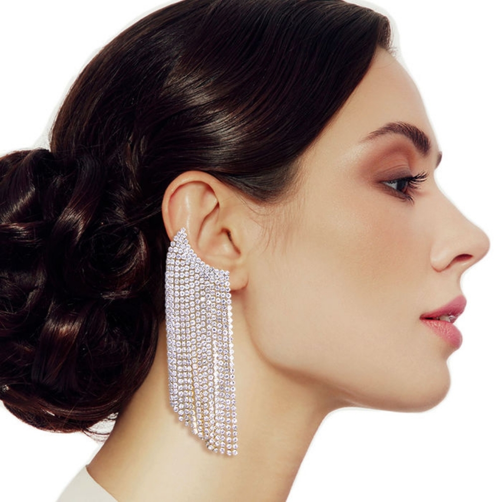 Gold Fringe Crystal Dangle Earrings Cuff Ear Climber Tassel Statement Accessory